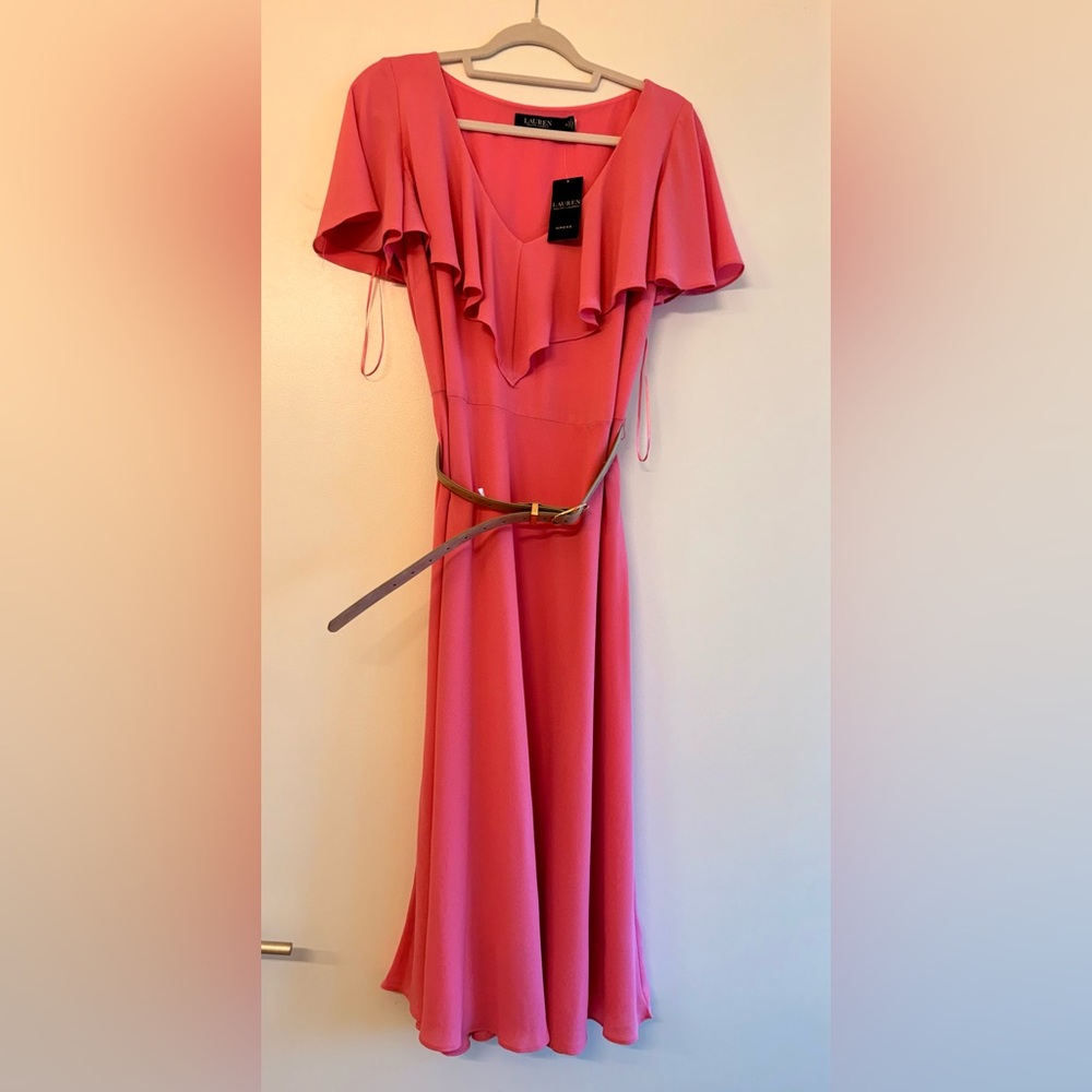 Ralph Lauren Pink Midi Dress with Ruffle Accent